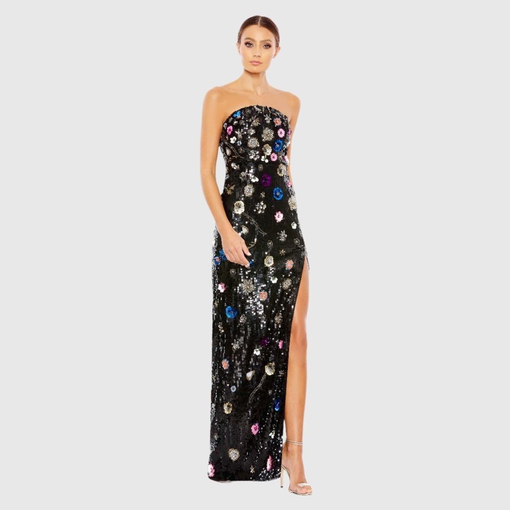 MAC DUGGAL Black Floral Sequined Strapless Column Gown Dress 14